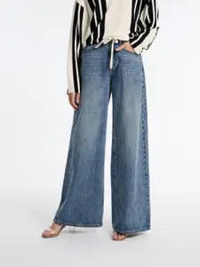 Urban Revivo Pure Cotton Wide Leg High-Rise Light Fade Stretchable Jeans