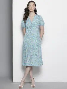 Urban Revivo Floral Print Puff Sleeves Ruched A-Line Midi Dress