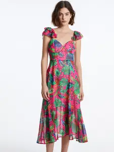 Urban Revivo Floral Print Flutter Sleeve A-Line Midi Dress