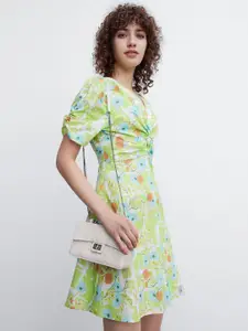 Urban Revivo Pure Cotton Floral Print Puff Sleeve A-Line Dress