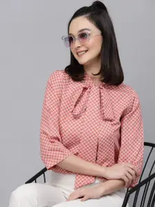 Style Quotient Peach Checked Tie-Up Neck Three Quarter Sleeves Top