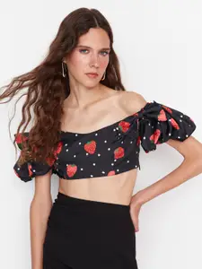 Trendyol Floral Printed Off-Shoulder Puff Sleeves Bardot Crop Top