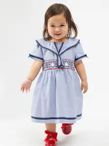 One Friday Infant Girls Conversational Embroidered Smocked Pure Cotton Fit & Flare Dress
