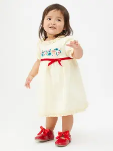 One Friday Infant Girls Floral Embroidered Bow Detail A-Line Dress