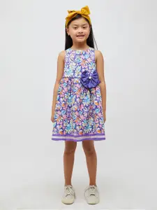 One Friday Girls Floral Printed Pure Cotton Sleeveless A-Line Dress
