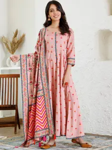 Rustorange Floral Printed Fit & Flare Maxi Ethnic Dress with Dupatta