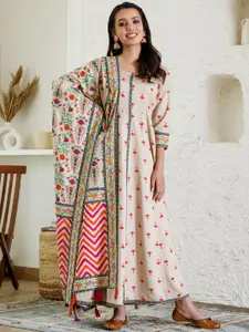 Rustorange Ethnic Motifs Printed A-Line Maxi Ethnic Dress With Dupatta