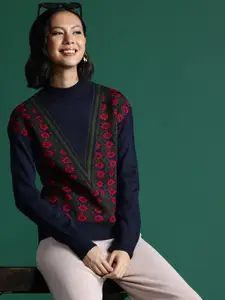 Sangria Acrylic Floral Self Design Pullover