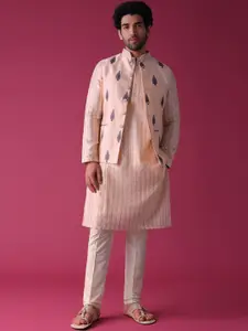 KALKI Fashion Striped Mandarin Collar Thread Work Kurta With Trousers & Nehru Jacket