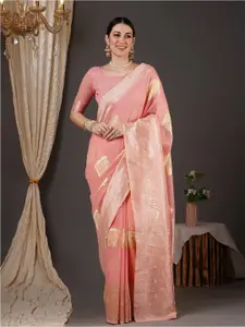 Anouk Pink & Gold Toned Floral Woven Design Zari Banarasi Saree