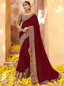 Satrani Maroon & Gold Toned Woven Design Zari Saree