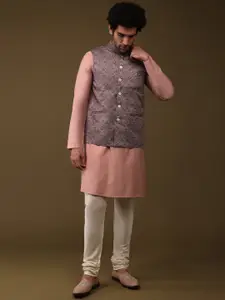 KALKI Fashion Mandarin Collar Pure Silk Kurta With Churidar & Nehru Jacket