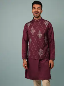 KALKI Fashion Mandarin Collar Raw Silk Kurta With Churidar & Nehru Jacket