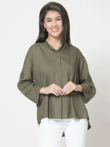 urSense Mandarin Collar Roll-Up Sleeve High-Low Cotton Top
