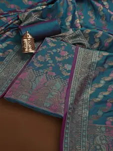 Inddus Teal Blue & Pink Banarasi Silk Unstitched Dress Material
