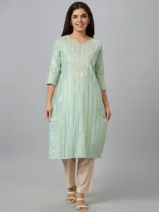Globus Sea Green & Pink Floral Embroidered Pure Cotton Kurta