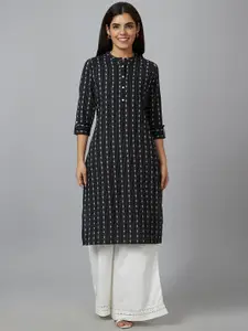 Globus Black & White Geometric Woven Design Mandarin Collar Pure Cotton Kurta