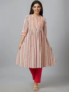 Globus Pink & Grey Striped Round Neck Pure Cotton A-Line Kurta