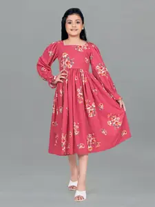 FASHION DREAM Girls Floral Print Puff Sleeve Fit & Flare Midi Dress