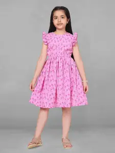 FASHION DREAM Girls Floral Print Flutter Sleeve Fit & Flare Dress