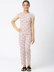 SINI MINI Girls Floral Printed Pure Cotton Night Suit
