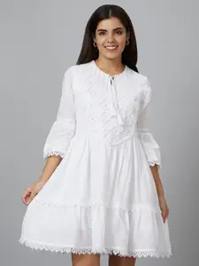 Globus Off White Self Design Tie-Up Neck Bell Sleeve Pure Cotton Fit & Flare Ethnic Dress