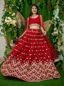 FABPIXEL Embroidered Sequinned Semi-Stitched Lehenga Choli With Dupatta