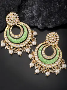 Peora Green & White Gold-Plated Crescent Shaped Chandbalis Earrings