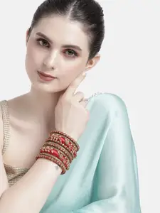 Peora Women 10Pcs Gold-Plated Stone Studded Silk Threaded Bangles