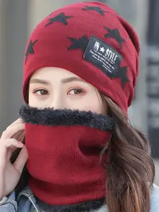 Alexvyan Women Printed Snow Proof Knitted Cap with Scarf