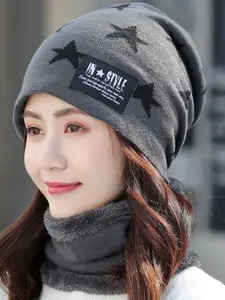 Alexvyan Women Printed Woollen Beanie With Scarf