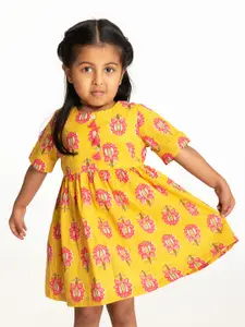 Campana Girls Knee Length Short Sleeves Fit and Flare Printed Cotton Dress