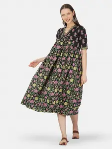 GULAB CHAND TRENDS Floral Printed V-Neck Midi Flared Dress