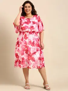 The Pink Moon Plus Size Floral Printed Flared Sleeve Fit & Flare Midi Dress