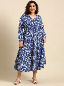 The Pink Moon Navy Floral Print A-Line Midi Dress