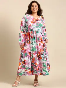 The Pink Moon Floral Printed V-Neck Fit & Flare Midi Dress