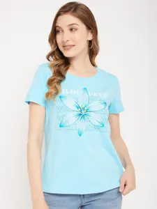Mast & Harbour Blue Floral Printed Pure Cotton T-shirt