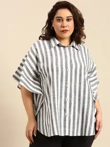 The Pink Moon Plus Size Vertical Striped Cotton Casual Shirt