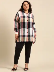 The Pink Moon Plus Size Tartan Checked Cotton Casual Shirt