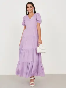 Styli Purple Puff Sleeved Tiered Maxi Dress