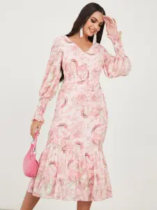 Styli Pink Floral Print Puff Sleeve Drop-Waist Midi Dress