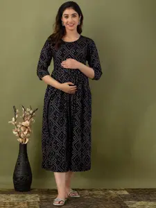 Mialo fashion Bandhani Printed Fit & Flare Maternity Midi Ethnic Dress