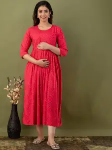 Mialo fashion Bandhani Printed Fit & Flare Maternity Midi Ethnic Dress