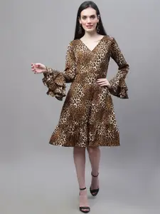 MARC LOUIS Animal Print Bell Sleeves Ruffled Crepe Dress