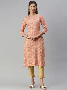 HRITIKA Women Peach-Coloured Ethnic Motifs Printed Kurta