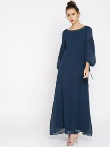 RARE Women Navy Solid Maxi Dress with Embellished Neck