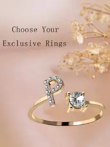 ZIVOM Women Gold-Plated Cubic Zirconia-Studded Initial P Copper Finger Ring
