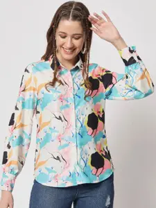 angloindu Floral Printed Cuff Sleeves Crepe Shirt Style Top