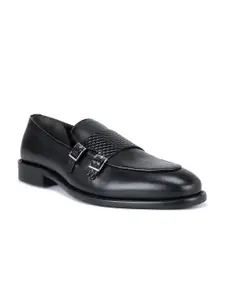 ROSSO BRUNELLO  Men Black Leather Formal Slip-Ons Monk Shoes