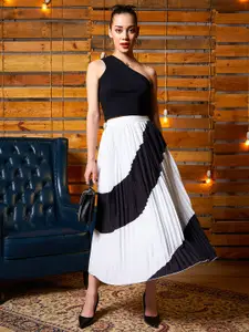 SASSAFRAS Black & White One Shoulder Crop Top With Color-Blocked Pleated Skirt